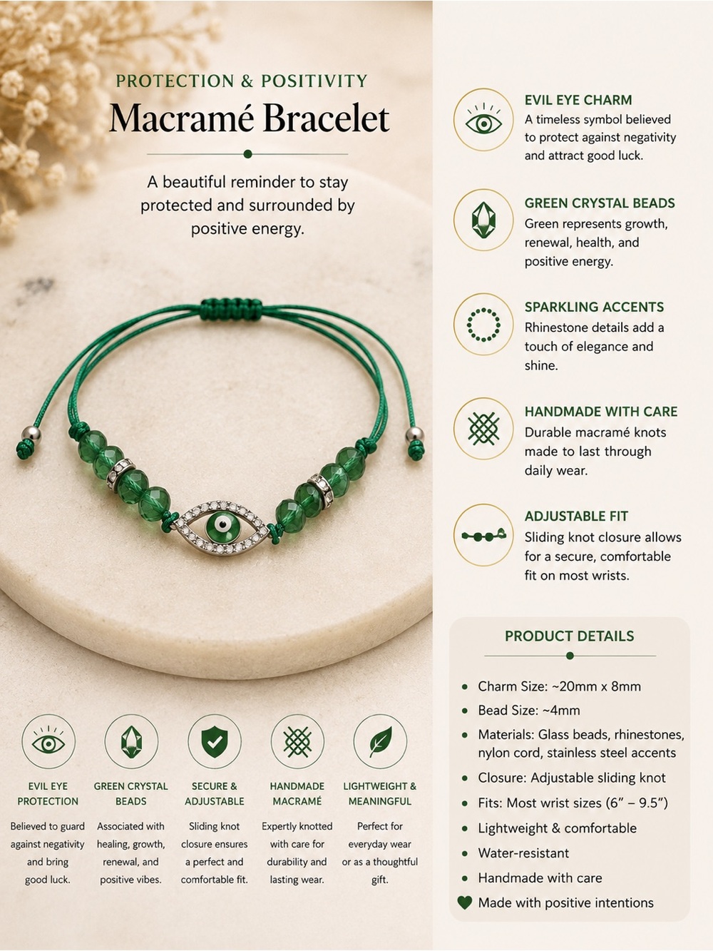 Green Macramé Evil Eye Bracelet — Handmade Protection Bracelet